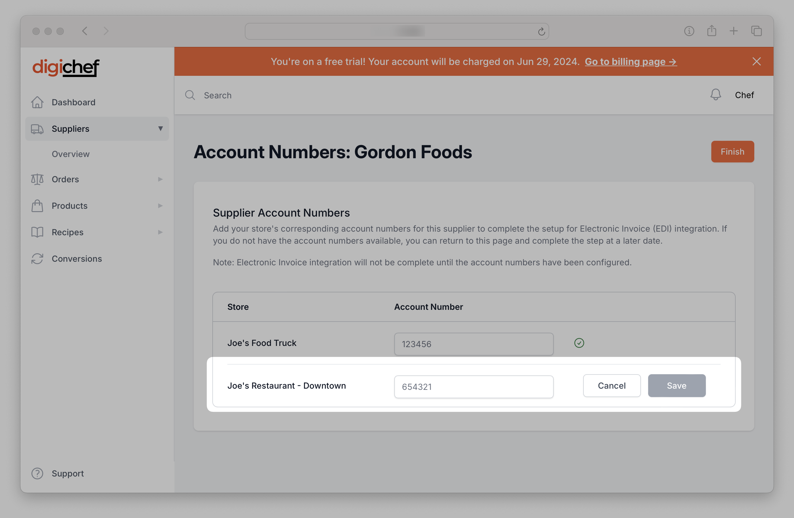 Enter Supplier account numbers