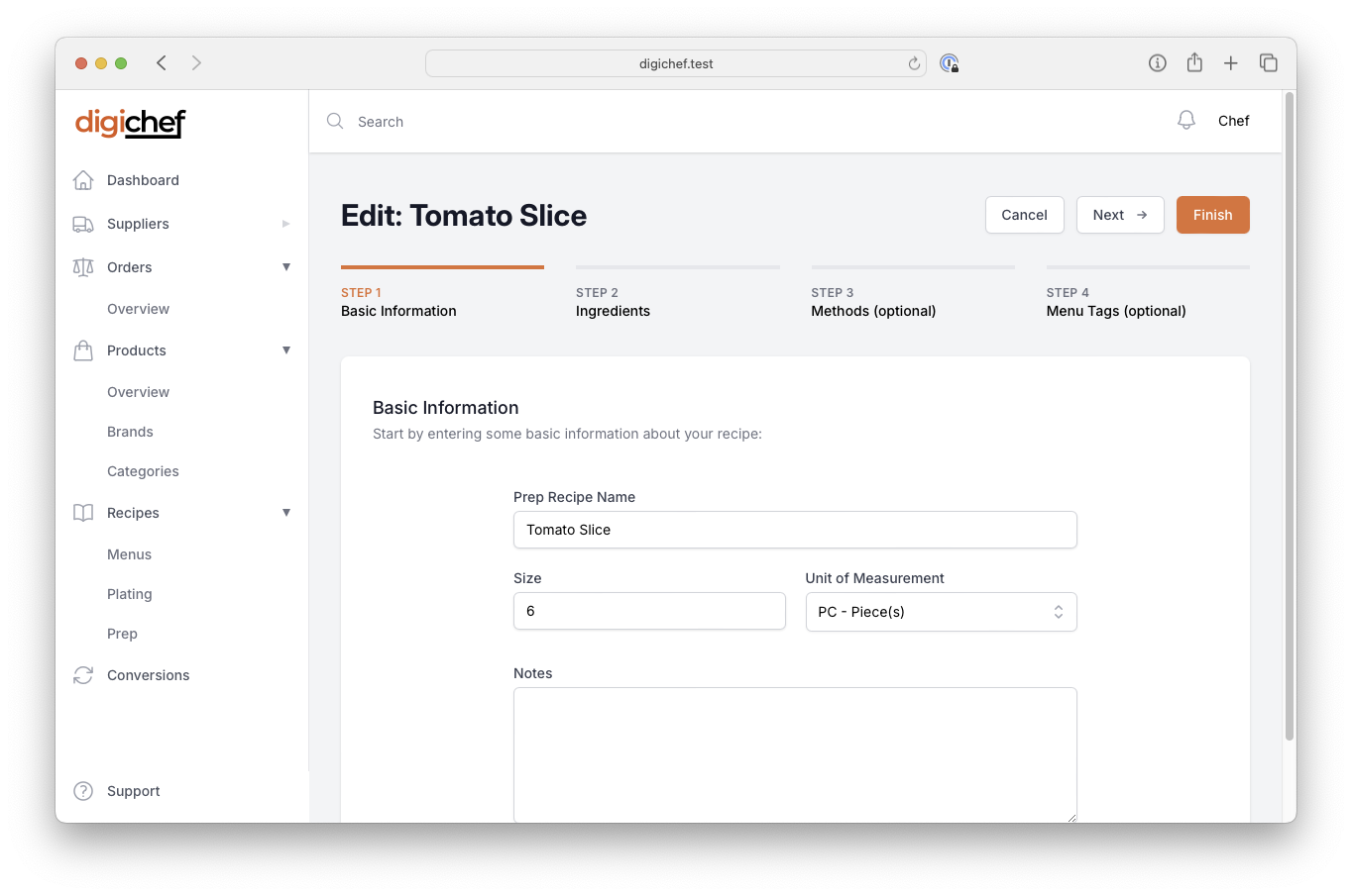 Enter prep recipe basic info